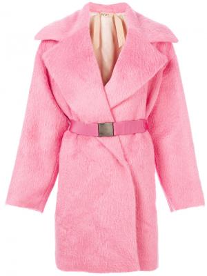 Пушистое пальто с поясом Nº21. Цвет: розовый и фиолетовый