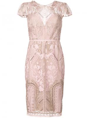 Кружевное приталенное платье Marchesa Notte. Цвет: розовый и фиолетовый