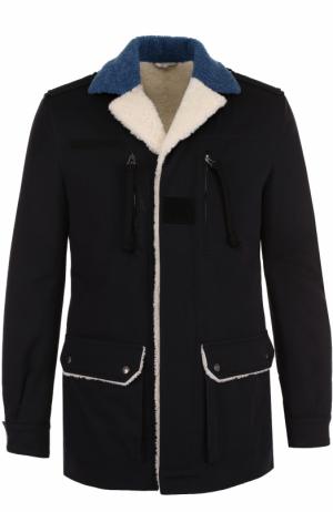 Хлопковая куртка на молнии с меховой подкладкой Valentino. Цвет: темно-синий