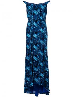 Вечернее платье с открытыми плечами и узором Carolina Herrera. Цвет: синий