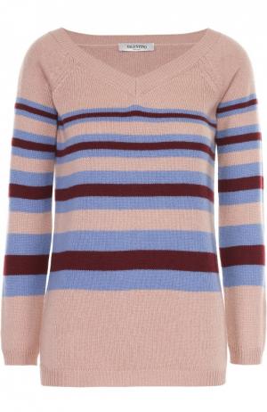 Кашемировый пуловер в контрастную полоску с V-образным вырезом Valentino. Цвет: кремовый