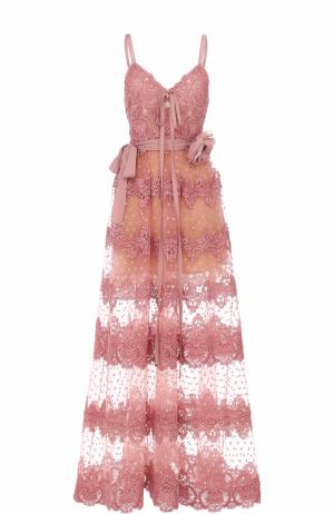 Платье-миди с кружевной отделкой и брошью Elie Saab. Цвет: светло-розовый