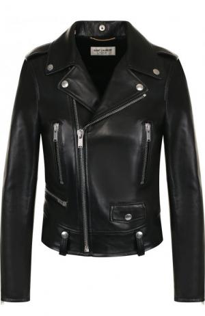 Приталенная кожаная куртка с косой молнией Saint Laurent. Цвет: черный