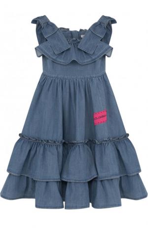 Хлопковое платье с оборками и бантами Dolce & Gabbana. Цвет: синий