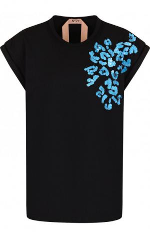 Хлопковая футболка с круглым вырезом и декоративной отделкой No. 21. Цвет: черный