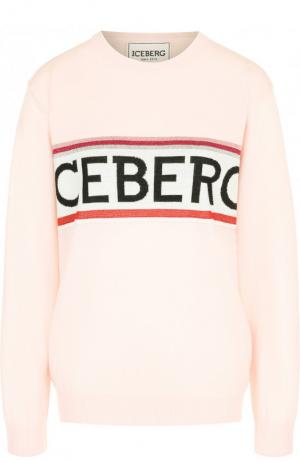 Шерстяной пуловер с круглым вырезом и контрастной вышивкой Iceberg. Цвет: розовый