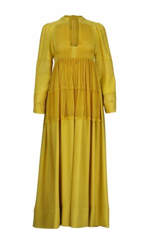 Шелковое платье в пол с завышенной талией и глубоким вырезом Valentino. Цвет: желтый