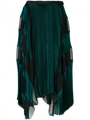 Асимметричная плиссированная юбка Sacai. Цвет: зелёный