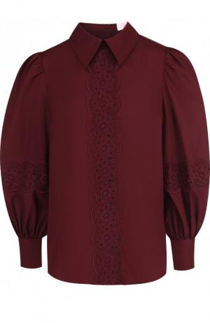 Однотонная хлопковая блуза с кружевной вставкой See by Chloé. Цвет: бордовый