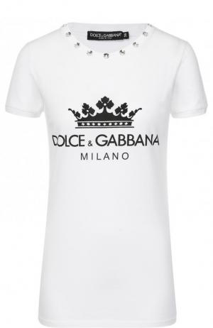 Хлопковая футболка с декоративной отделкой и принтом Dolce & Gabbana. Цвет: белый