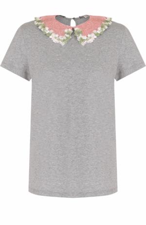 Хлопковая футболка с отложным декорированным воротником Valentino. Цвет: серый
