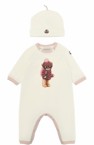Хлопковый комбинезон с принтом и шапкой Moncler Enfant. Цвет: розовый