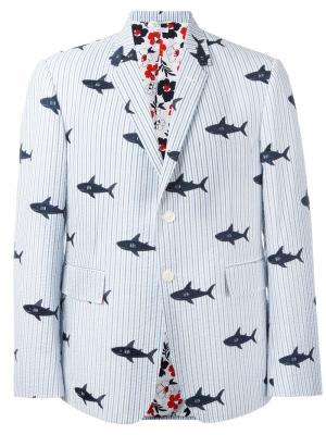 Пиджак с вышитыми акулами Thom Browne. Цвет: синий