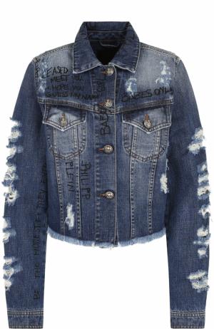 Укороченная джинсовая куртка с потертостями Philipp Plein. Цвет: синий