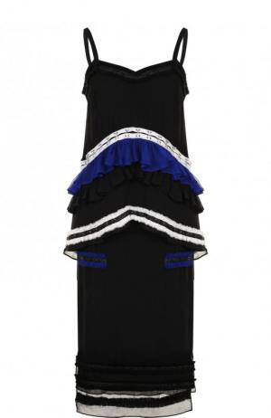 Шелковое платье-миди на бретельках с контрастными оборками Proenza Schouler. Цвет: черный