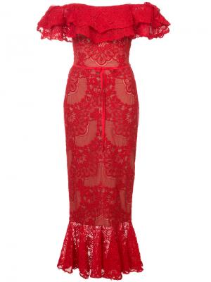 Кружевное платье миди Marchesa Notte. Цвет: красный