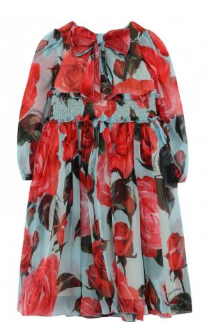Платье-миди из шелка и вискозы с принтом бантом Dolce & Gabbana. Цвет: голубой