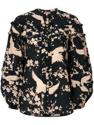 Блузка с рюшами и принтом птиц Nº21. Цвет: чёрный