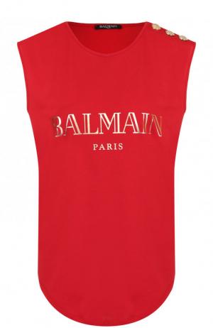 Хлопковый топ с логотипом бренда Balmain. Цвет: красный