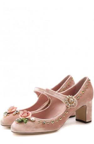 Бархатные туфли Vally с декором Dolce & Gabbana. Цвет: розовый