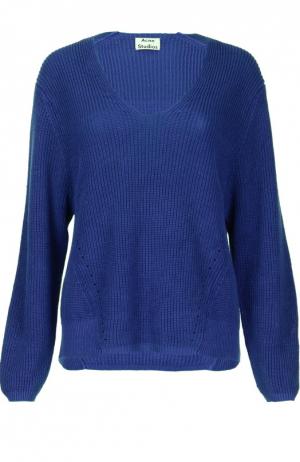 Льняной пуловер крупной вязки с V-образным вырезом Acne Studios. Цвет: темно-синий