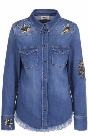 Джинсовая блуза с потертостями и вышивкой Zadig&Voltaire. Цвет: голубой