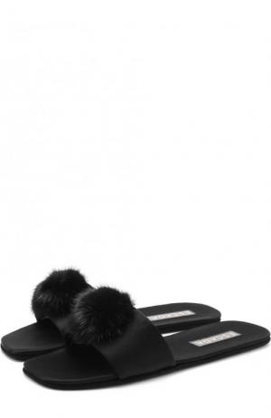 Атласные домашние туфли с отделкой из меха норки Escada. Цвет: черный