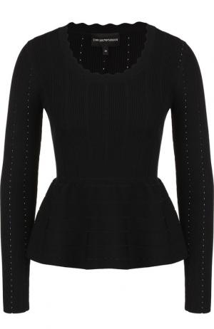 Приталенный пуловер с круглым вырезом и оборкой Emporio Armani. Цвет: черный