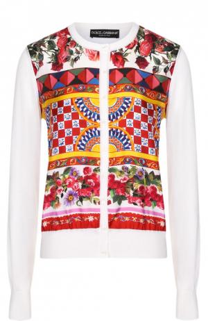Шелковый кардиган с вязаными рукавами и ярким принтом Dolce & Gabbana. Цвет: белый