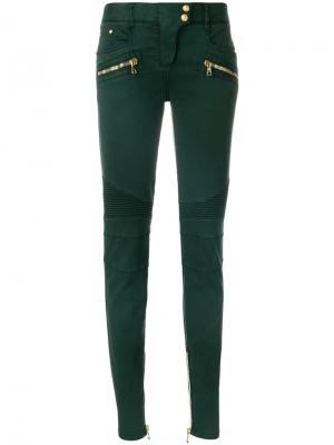 Байкерские джинсы с низкой посадкой Balmain. Цвет: зелёный