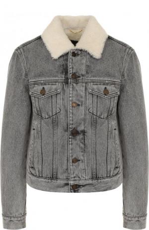 Джинсовая куртка с потертостями и подкладкой из овчины Saint Laurent. Цвет: серый