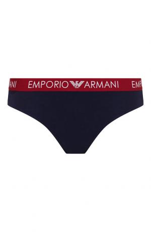 Хлопковые трусы-стринги с логотипом бренда Emporio Armani. Цвет: синий
