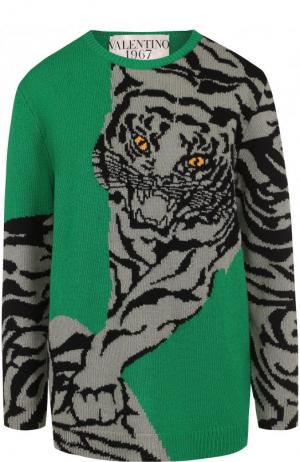 Кашемировый пуловер с круглым вырезом и принтом Valentino. Цвет: зеленый