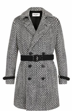 Двубортное шерстяное пальто с поясом Saint Laurent. Цвет: черный