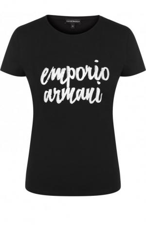 Хлопковая футболка с круглым вырезом и логотипом бренда Emporio Armani. Цвет: черный