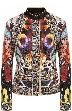 Приталенная кожаная куртка с воротником-стойкой и принтом Roberto Cavalli. Цвет: разноцветный