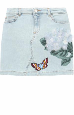 Мини-юбка из денима с цветочной аппликацией и вышивкой Dolce & Gabbana. Цвет: голубой