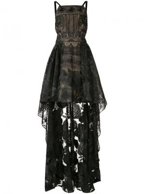 Асимметричное кружевное платье с розами Marchesa Notte. Цвет: чёрный