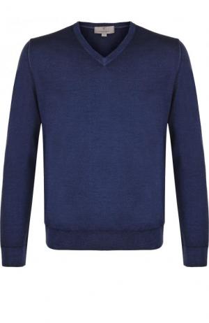 Пуловер тонкой вязки из смеси шерсти и шелка Canali. Цвет: темно-синий