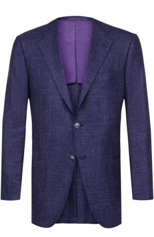 Однобортный пиджак из смеси кашемира и льна с шелком Kiton. Цвет: темно-синий