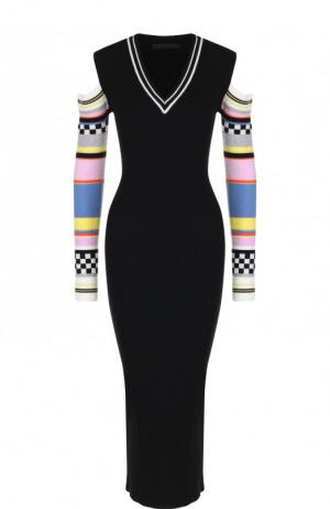 Шерстяное платье-миди с V-образным вырезом и контрастным принтом на рукавах Versace. Цвет: черный