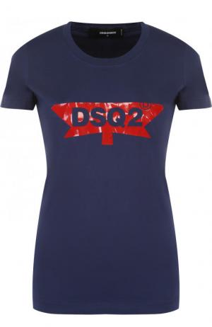 Приталенная хлопковая футболка с логотипом бренда Dsquared2. Цвет: синий