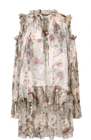Шелковое мини-платье с оборками и принтом Alexander McQueen. Цвет: разноцветный