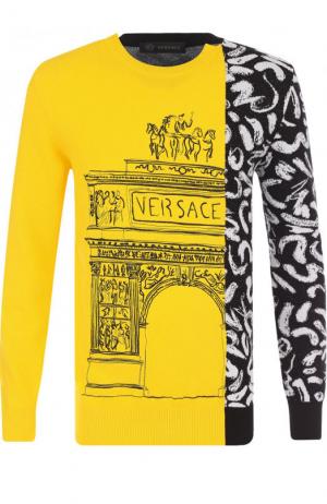 Хлопковый джемпер с принтом и вышивкой Versace. Цвет: желтый