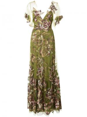 Вечернее платье с вышитыми цветами Marchesa Notte. Цвет: зелёный