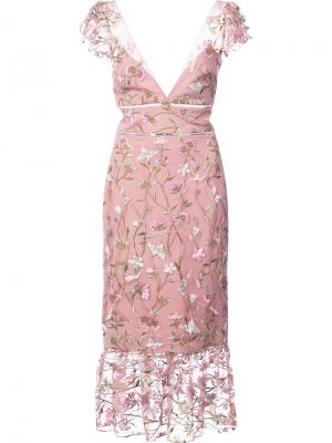 Платье миди с цветочной вышивкой Marchesa Notte. Цвет: розовый и фиолетовый