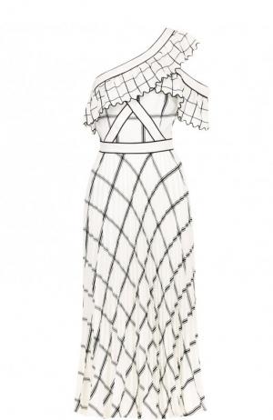 Приталенное платье-миди с открытым плечом и принтом self-portrait. Цвет: белый