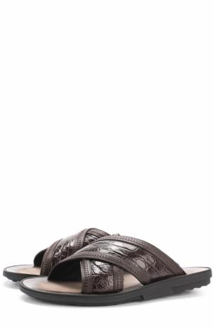 Кожаные шлепанцы с отделкой из кожи крокодила Tod’s. Цвет: темно-коричневый