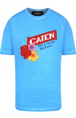 Хлопковая футболка с круглым вырезом и принтом Dsquared2. Цвет: синий