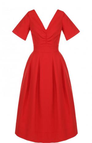 Приталенное хлопковое платье-миди с V-образным вырезом Oscar de la Renta. Цвет: красный